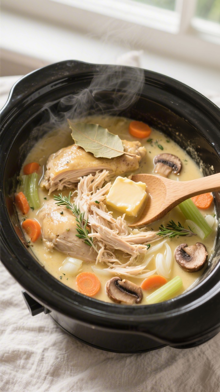 Overhead cooking process shot of creamy crockpot chicken just after shredding: tender, pull-apart ch