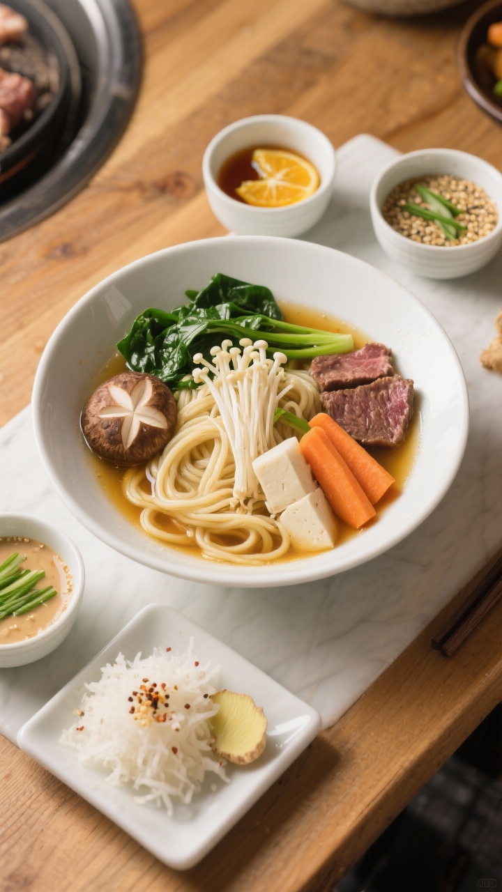 Overhead final presentation: A beautifully arranged shabu shabu spread post-cook, featuring a bowl o