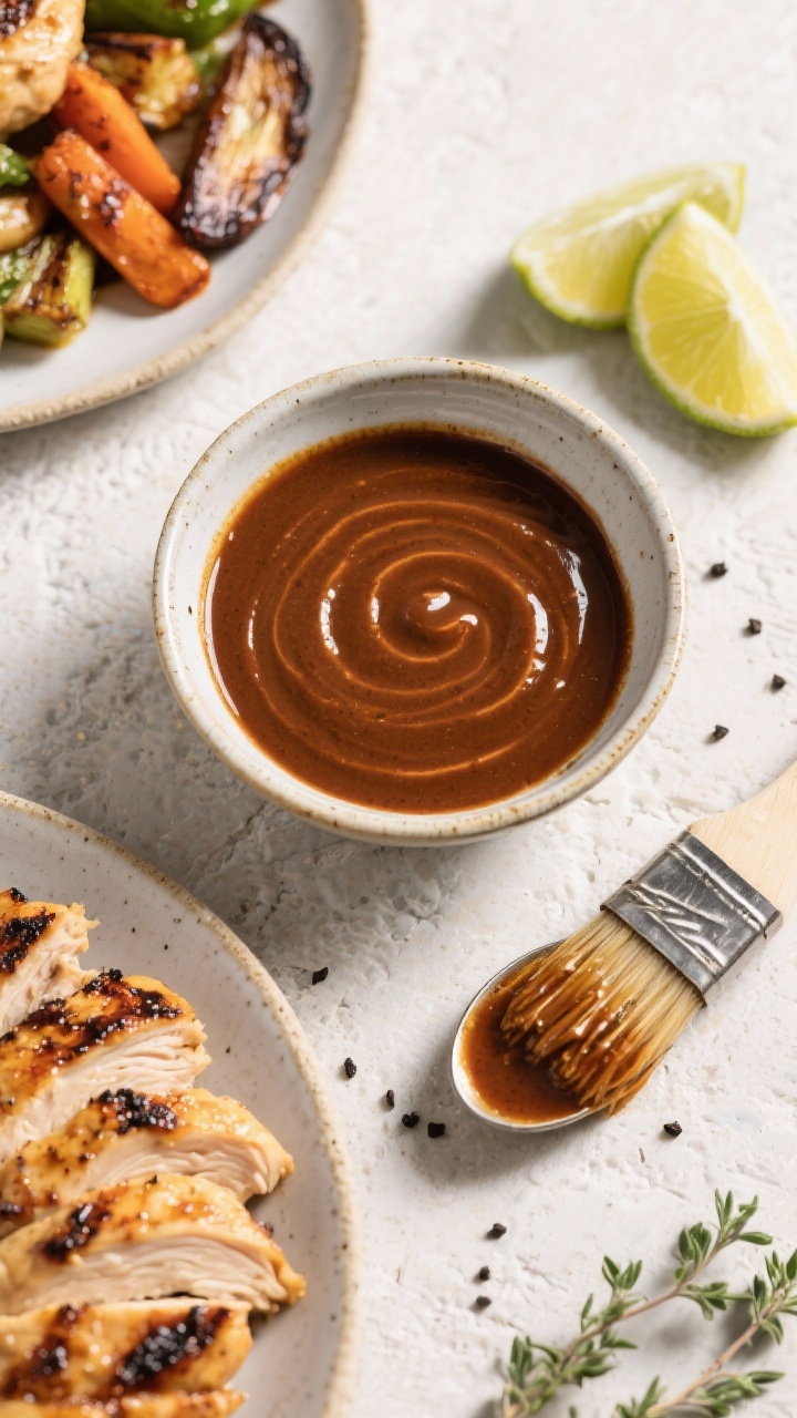 Overhead final presentation: a small ceramic bowl of silky adobo sauce, swirled to show body and glo