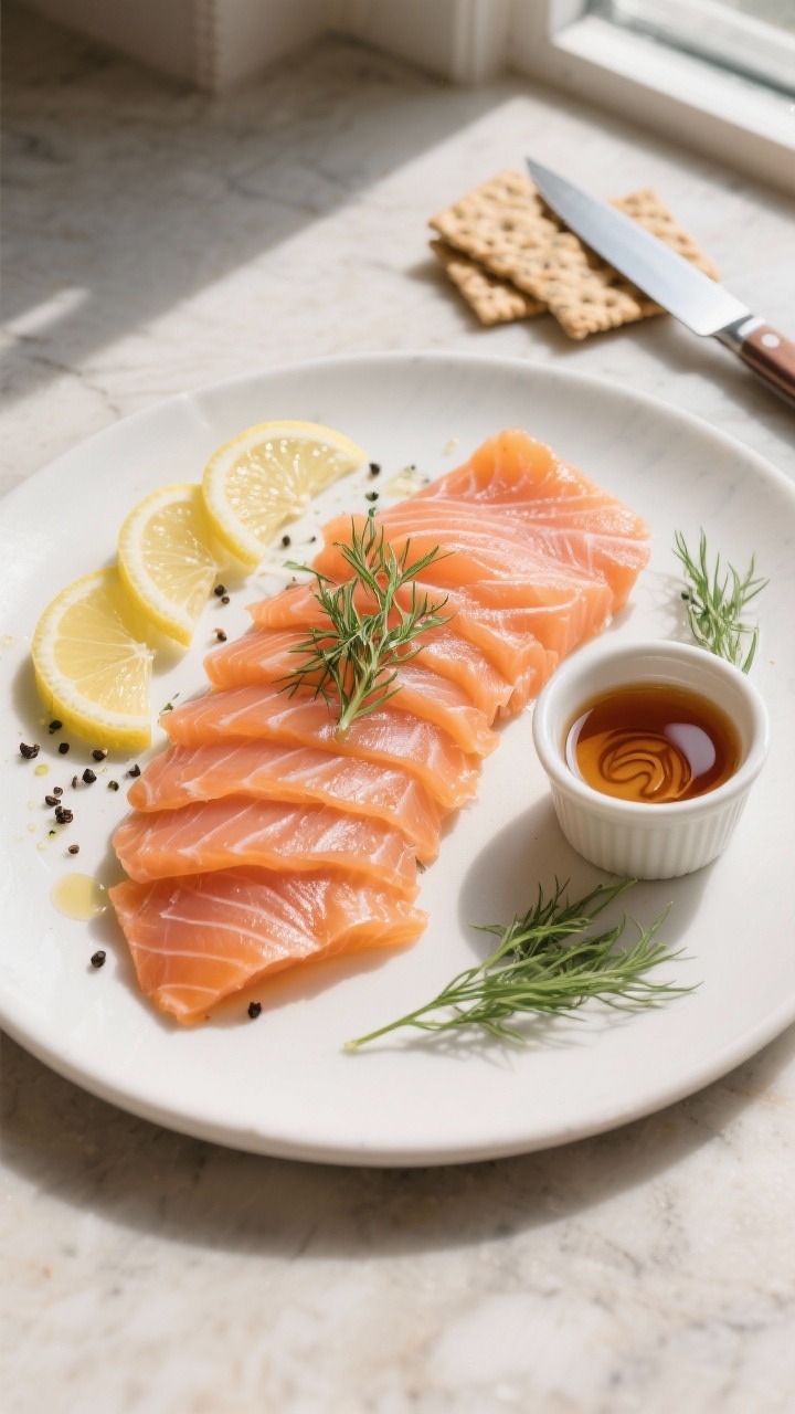 Overhead final presentation: chilled, perfectly sliced smoked salmon arranged in neat, overlapping s