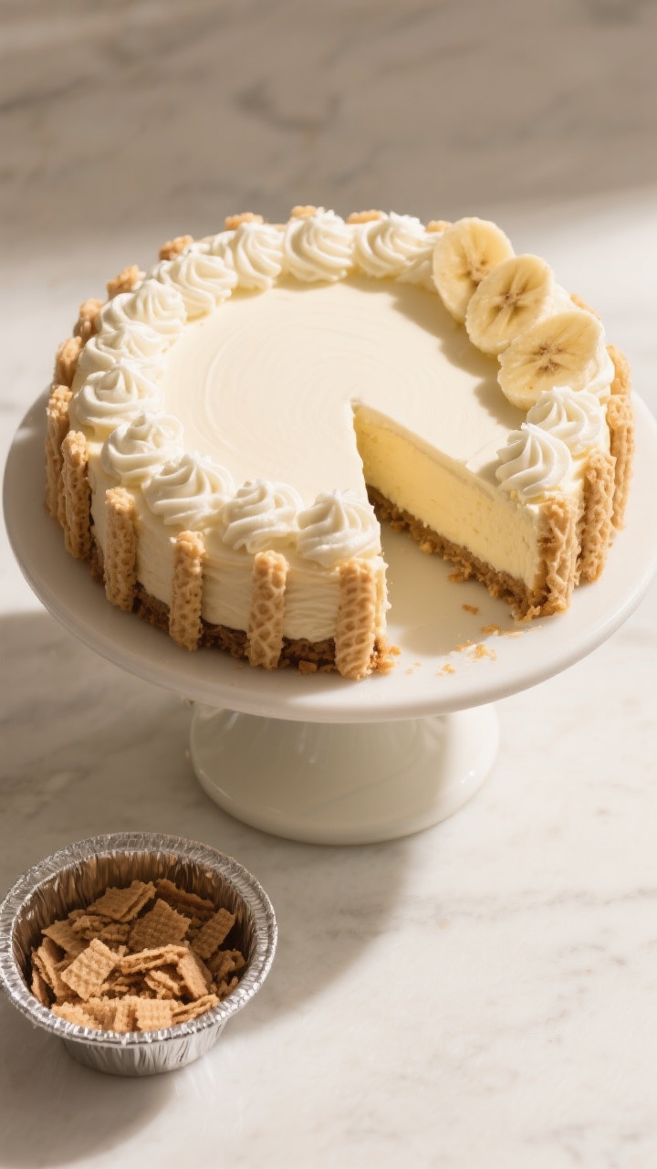 Overhead final presentation: Full 9-inch banana pudding cheesecake on a cake stand, perfectly smooth
