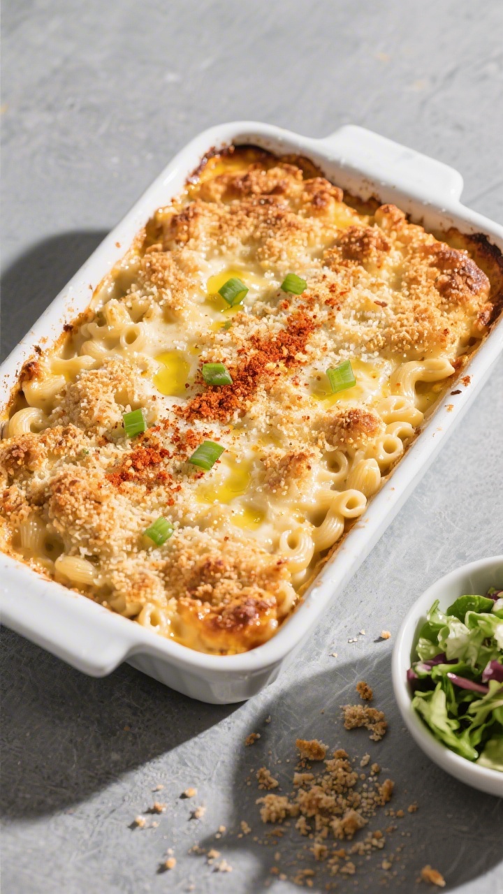 Overhead final presentation: of a 9x13 baked mac and cheese just out of the oven, evenly browned pan