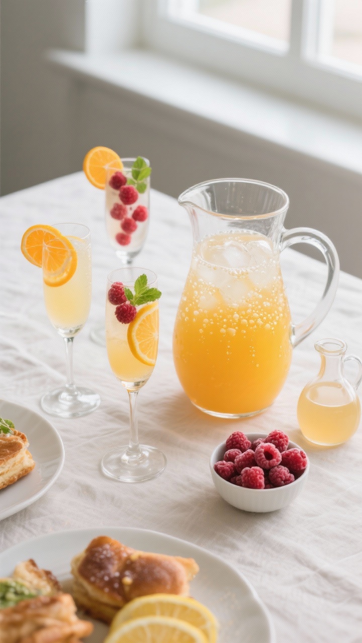 Overhead final presentation of a brunch-ready mockmosa spread: a chilled glass pitcher filled with b