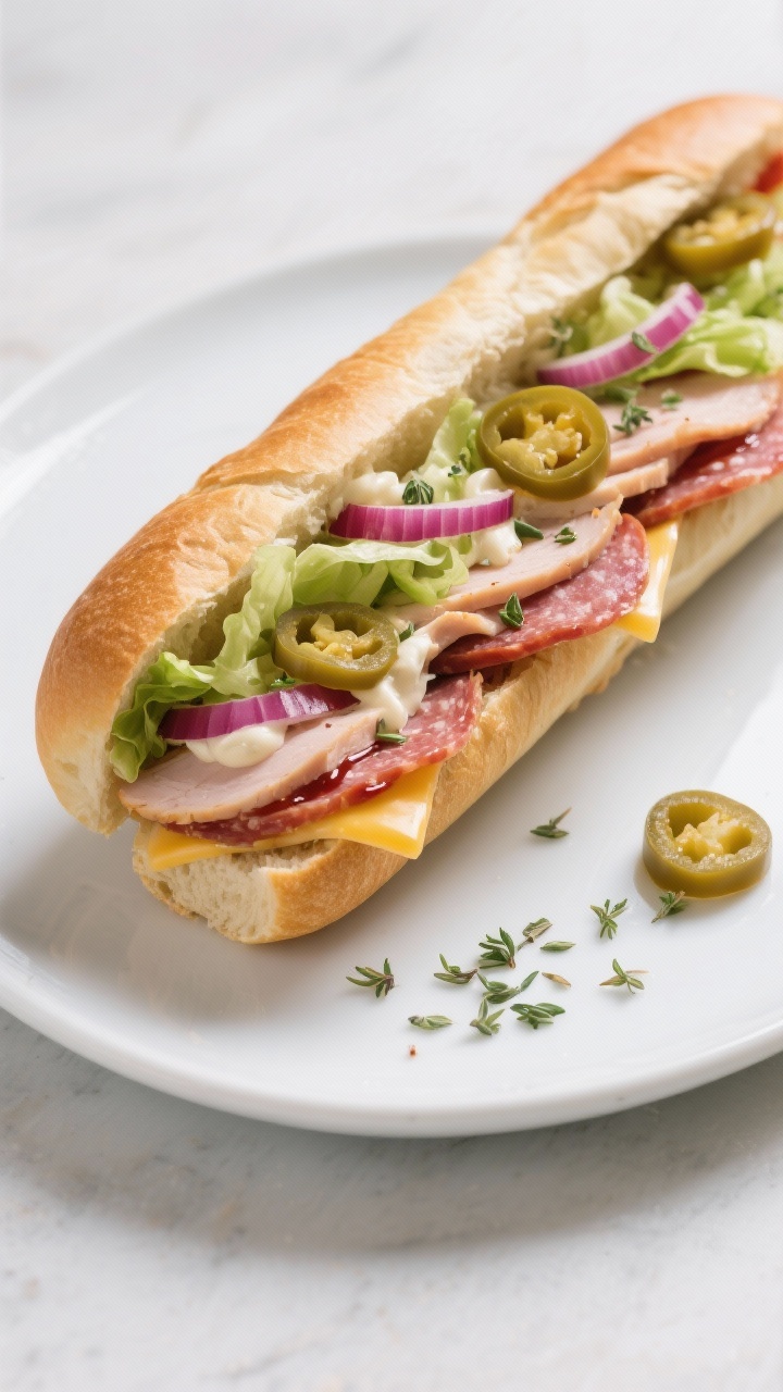 Overhead final presentation of a classic grinder sandwich sliced on a diagonal and slightly pressed,