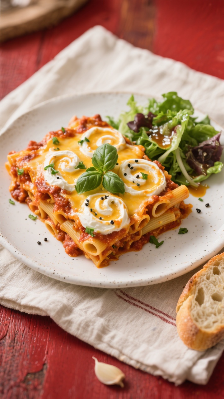 Overhead final presentation of a plated serving of crockpot baked ziti on a white stoneware plate, s