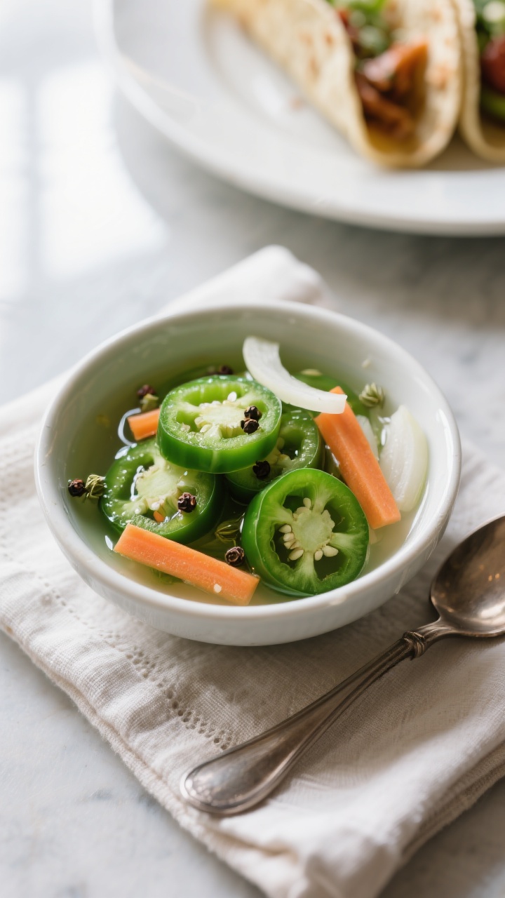 Overhead final presentation of a small bowl of chilled quick pickled jalapeños at peak brightness (