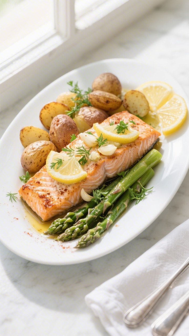Overhead final presentation of baked garlic butter salmon fillets on a white oval platter, topped wi