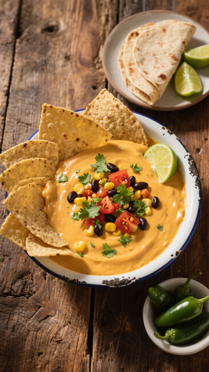 Overhead final presentation of cowboy queso party spread: wide, shallow enamel bowl brimming with sm