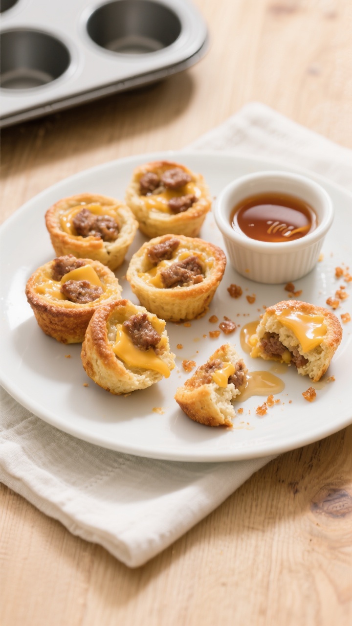 Overhead final presentation of McGriddle Bites baked in a mini muffin tin style, arranged on a matte