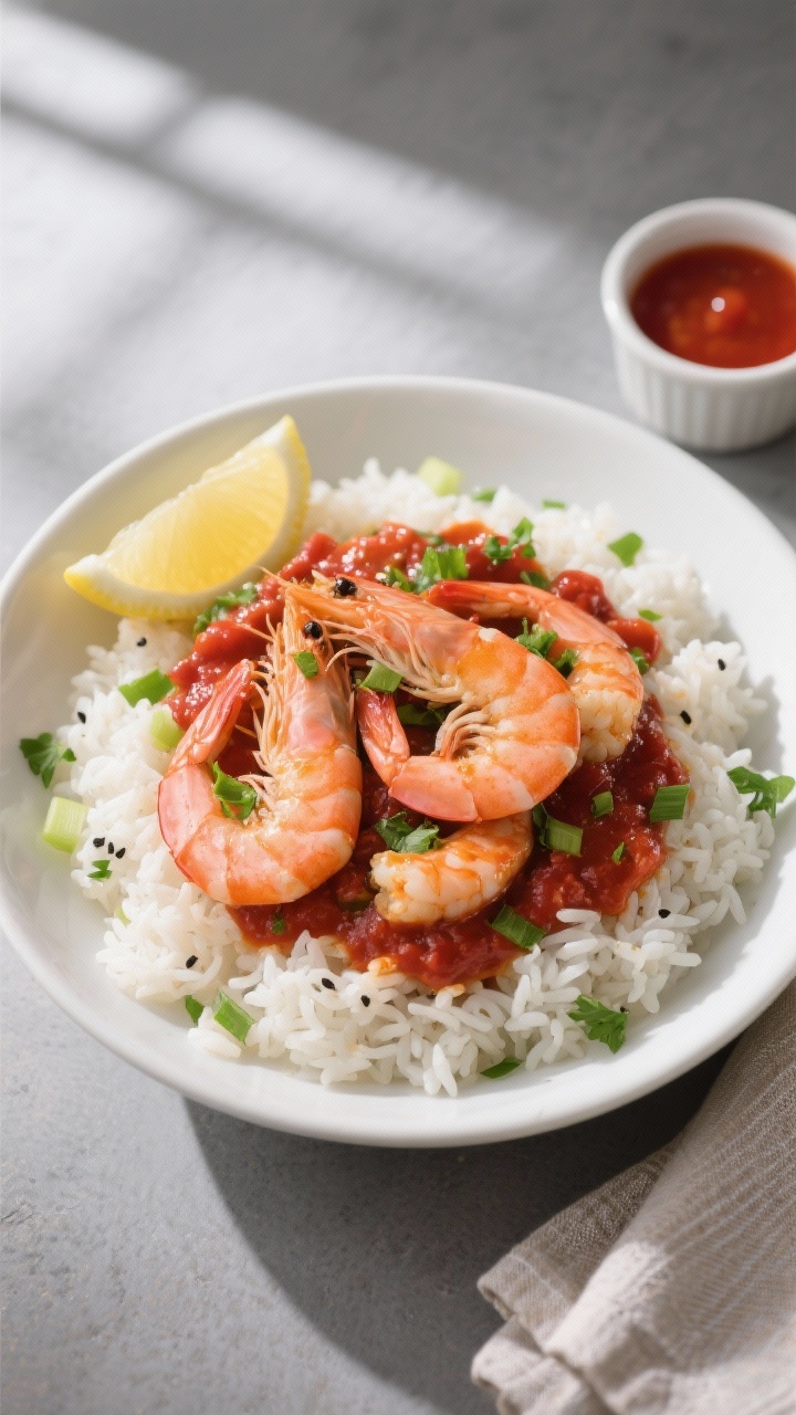 Overhead final presentation of Prawn Creole over rice: a wide, of a shallow white bowl filled with f