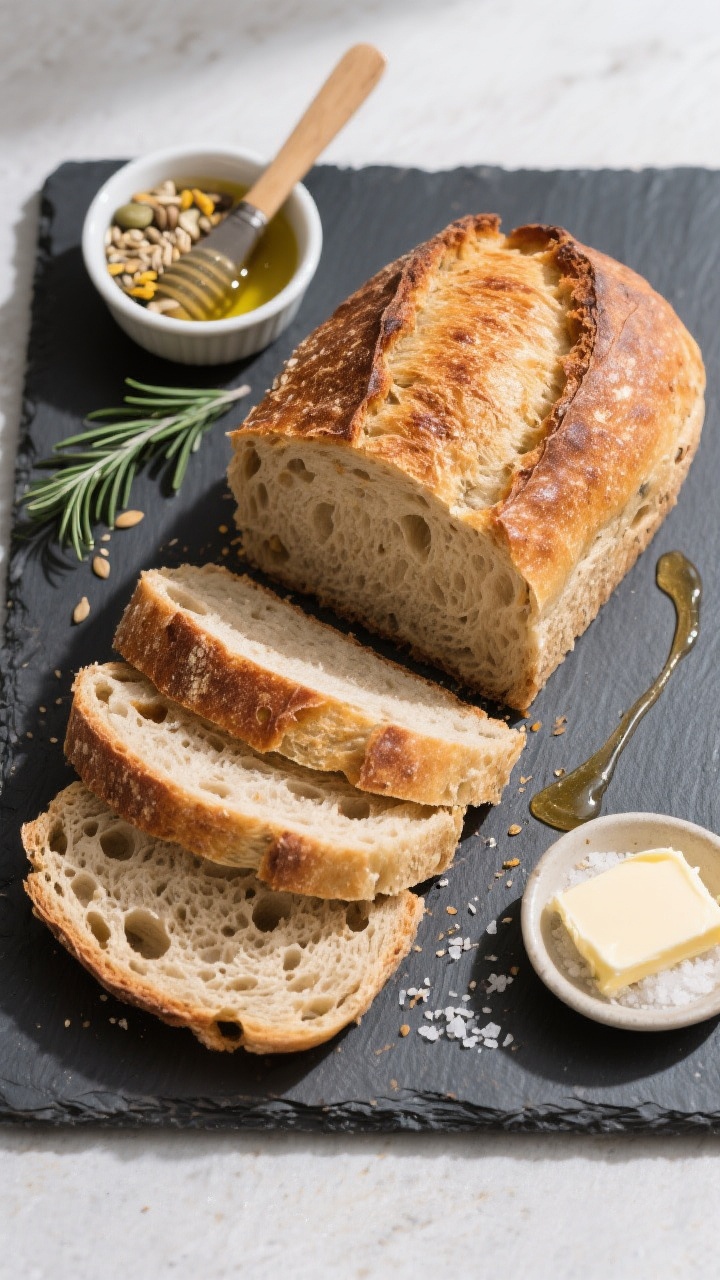 Overhead final presentation of sliced hybrid sourdough sandwich loaf on a dark slate board: evenly c