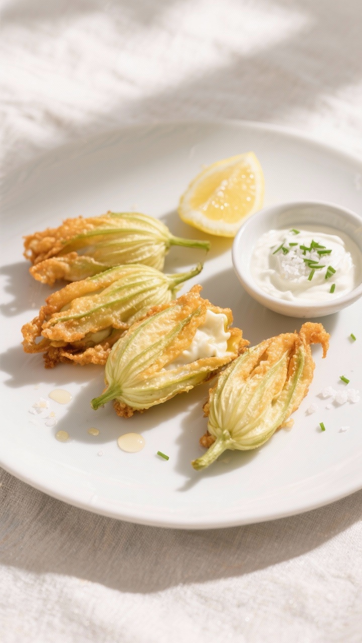 Overhead final presentation of stuffed squash blossoms on a matte white plate: blossoms lightly twis