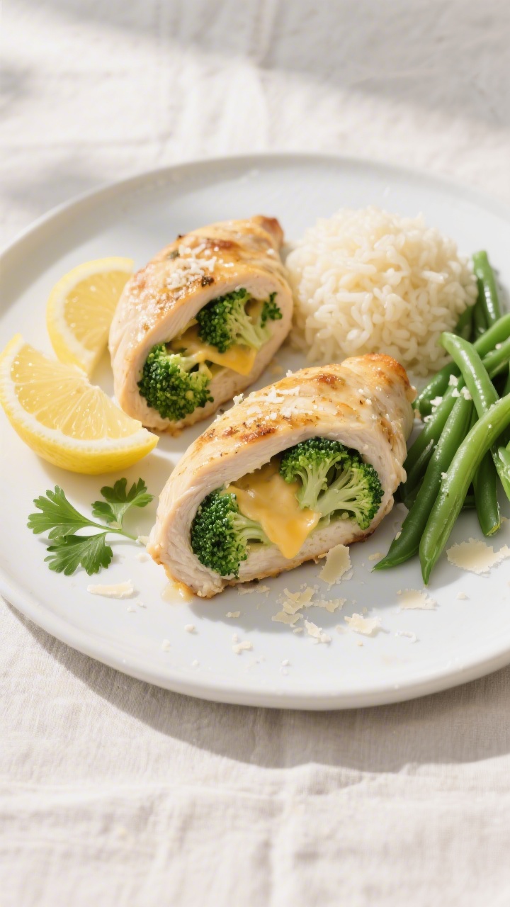 Overhead final presentation of two Broccoli and Cheese Stuffed Chicken breasts on a matte white plat