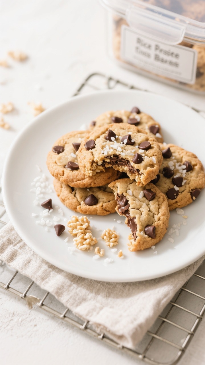 Overhead final presentation shot of a plate of Rice Krispie chocolate chip cookies arranged bakery-s