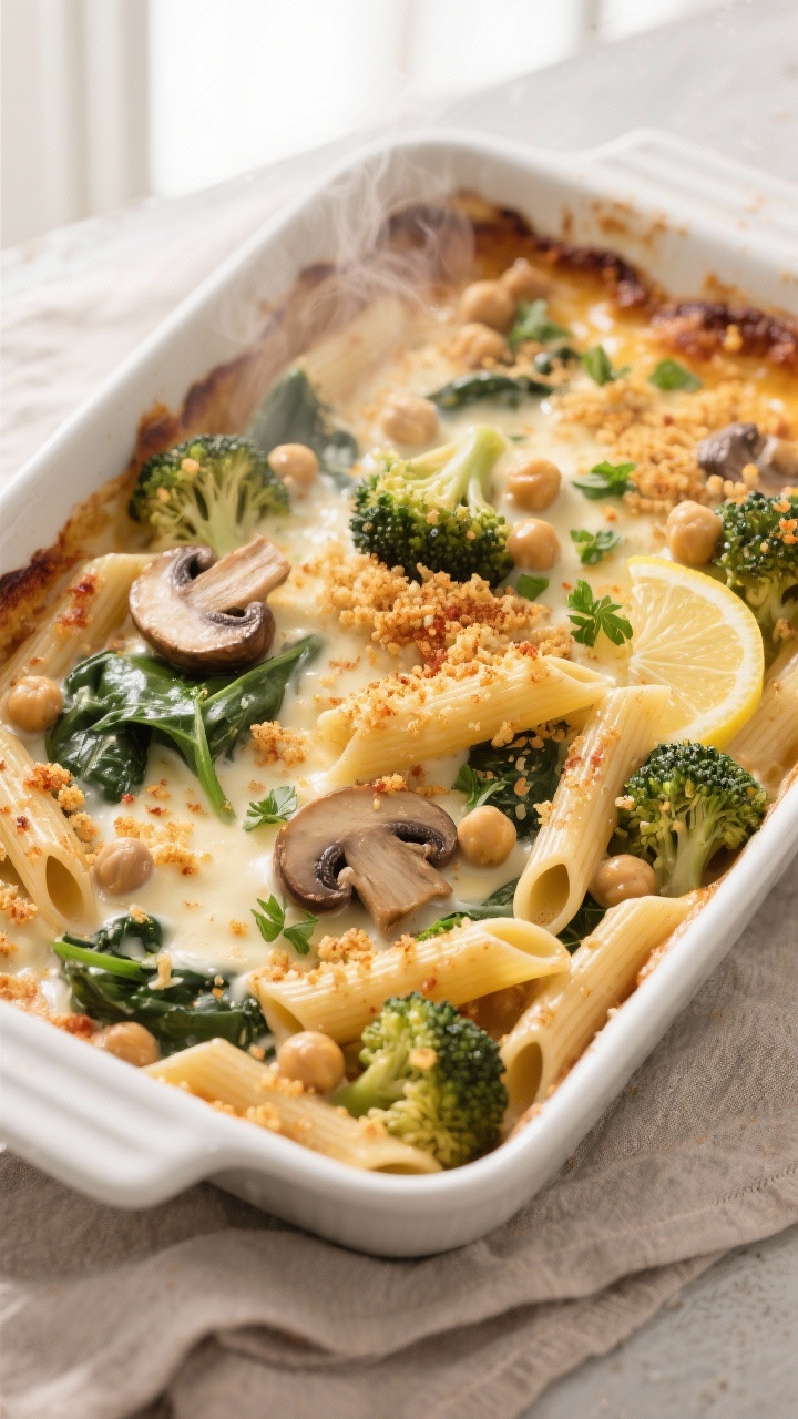 Overhead shot of a bubbling vegan pasta bake just after uncovering in the oven: penne folded with sa
