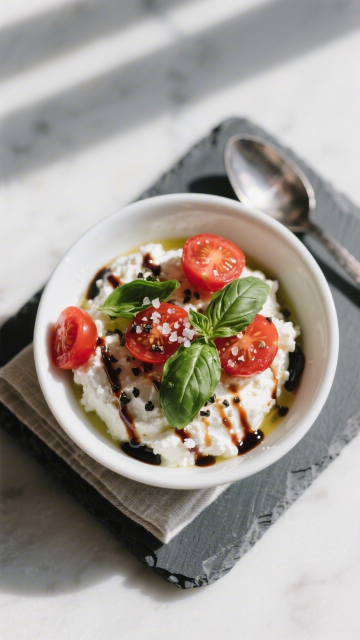 Overhead shot of a “Caprese Cottage Cup” final dish: creamy cottage cheese nestled in a small wh