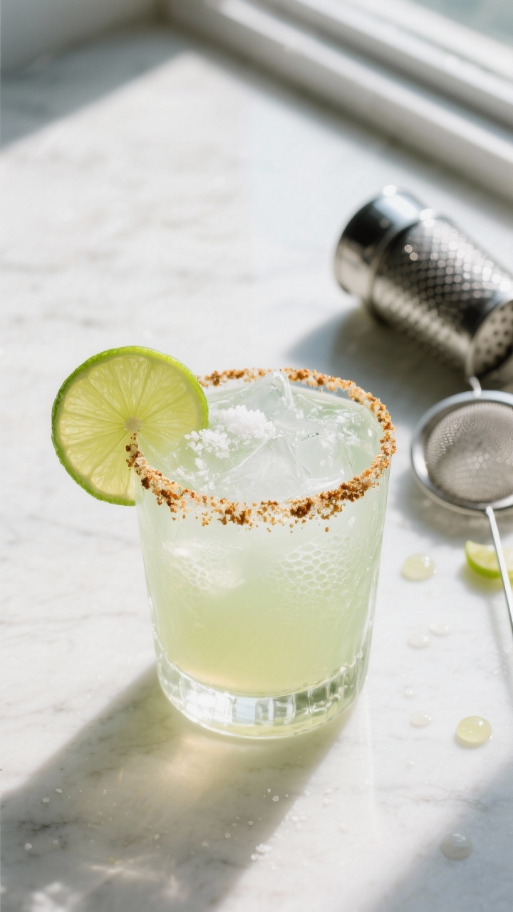 Overhead shot of a Classic Margarita being finished: rocks glass with a half Tajín–salt rim, fres
