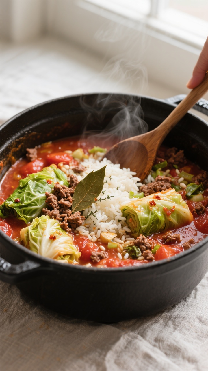 Overhead shot of a Dutch oven filled with simmering unstuffed cabbage rolls in the saucy stage: tend