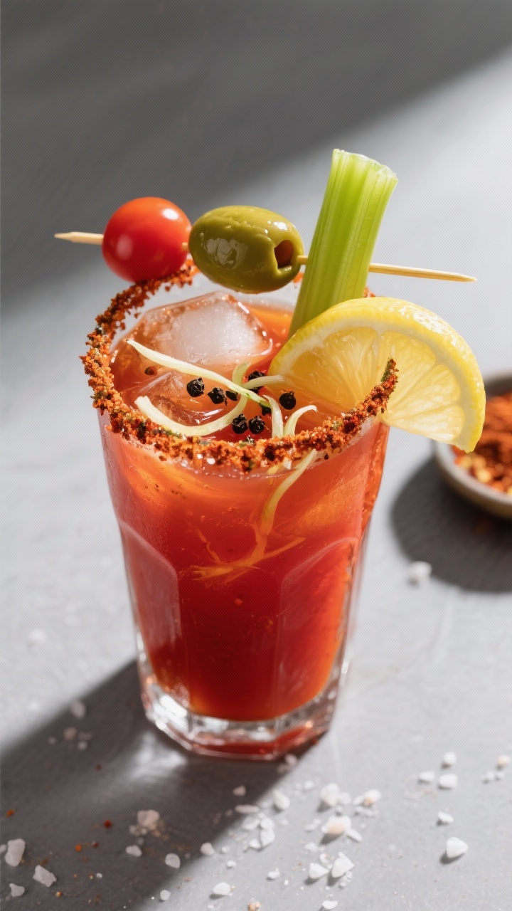 Overhead shot of a finished Bold and Spicy Bloody Molly in a chilled, spice-rimmed highball glass, f