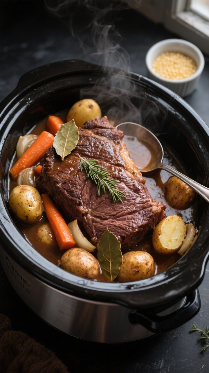Overhead shot of a finished Classic Beef Pot Roast in a black crockpot: tender chuck roast nestled a