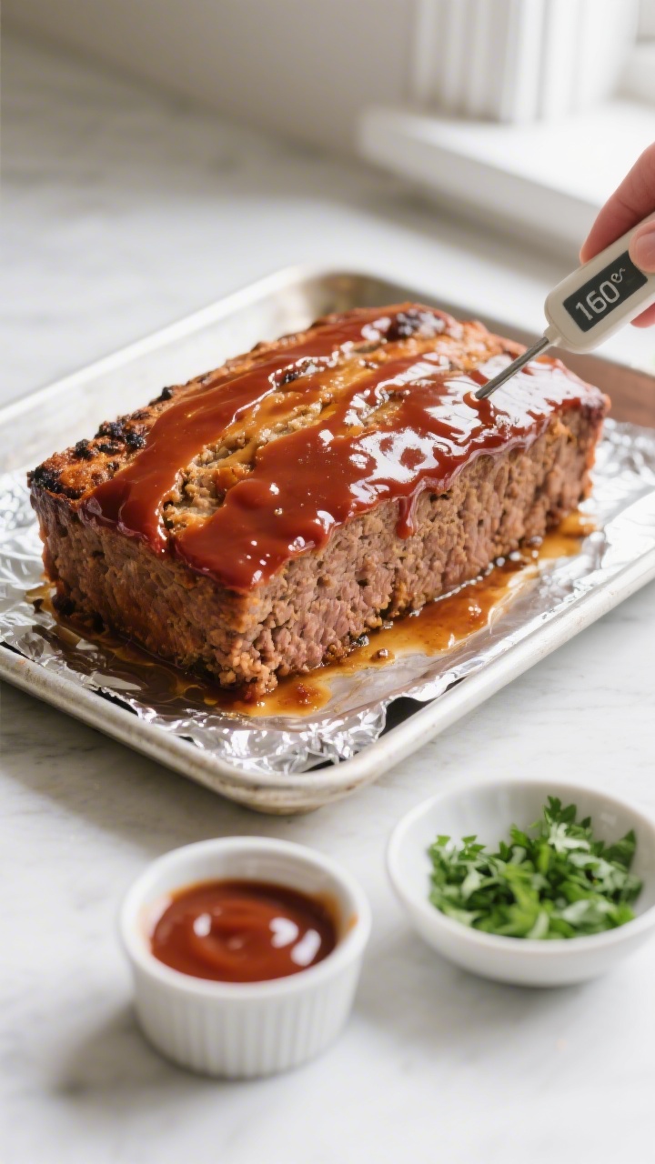 Overhead shot of a freshly baked classic meatloaf resting on a foil-lined sheet pan, glossy ketchup-