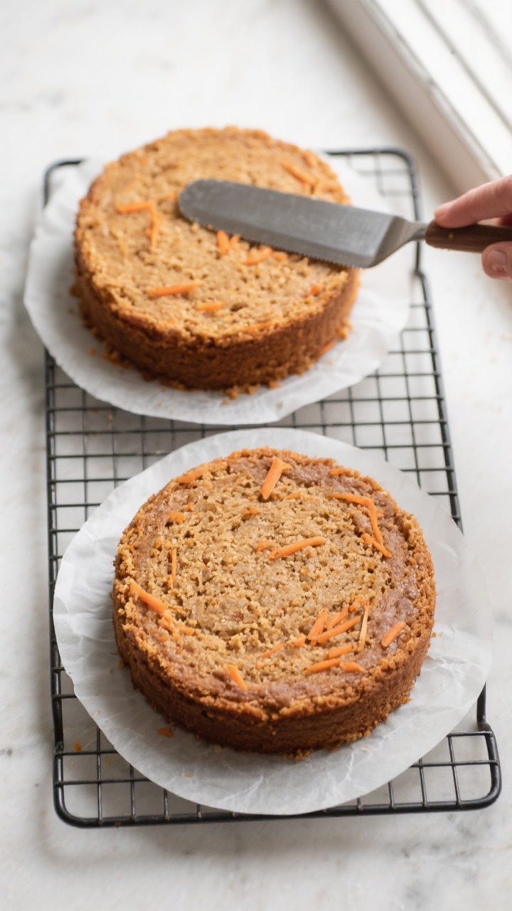 Overhead shot of a freshly baked gluten-free carrot cake in two 8-inch rounds cooling on a wire rack