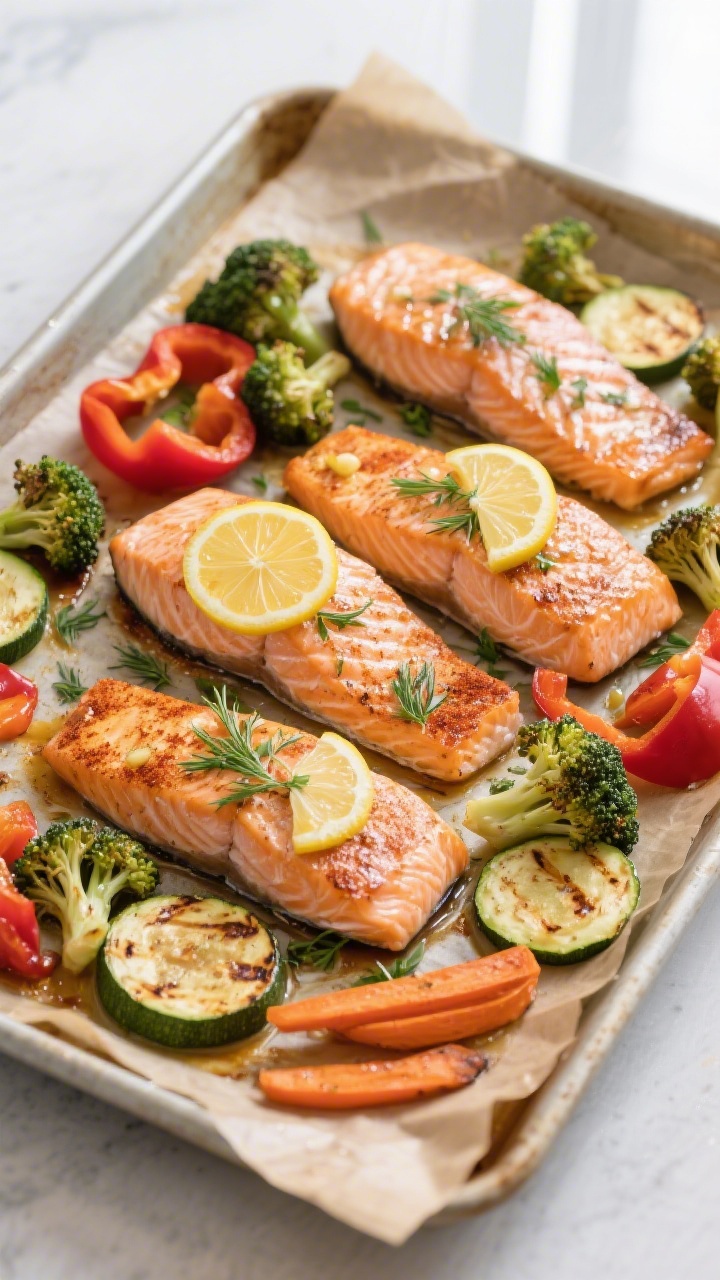 Overhead shot of a freshly baked salmon meal prep spread on a parchment-lined sheet pan: four skin-o