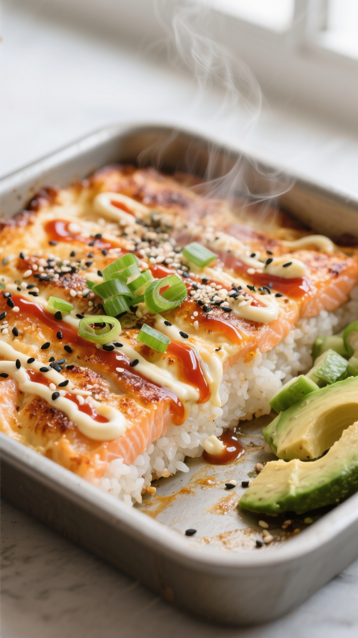 Overhead shot of a freshly baked sushi bake in a 9x13 pan just out of the oven: creamy salmon–mayo