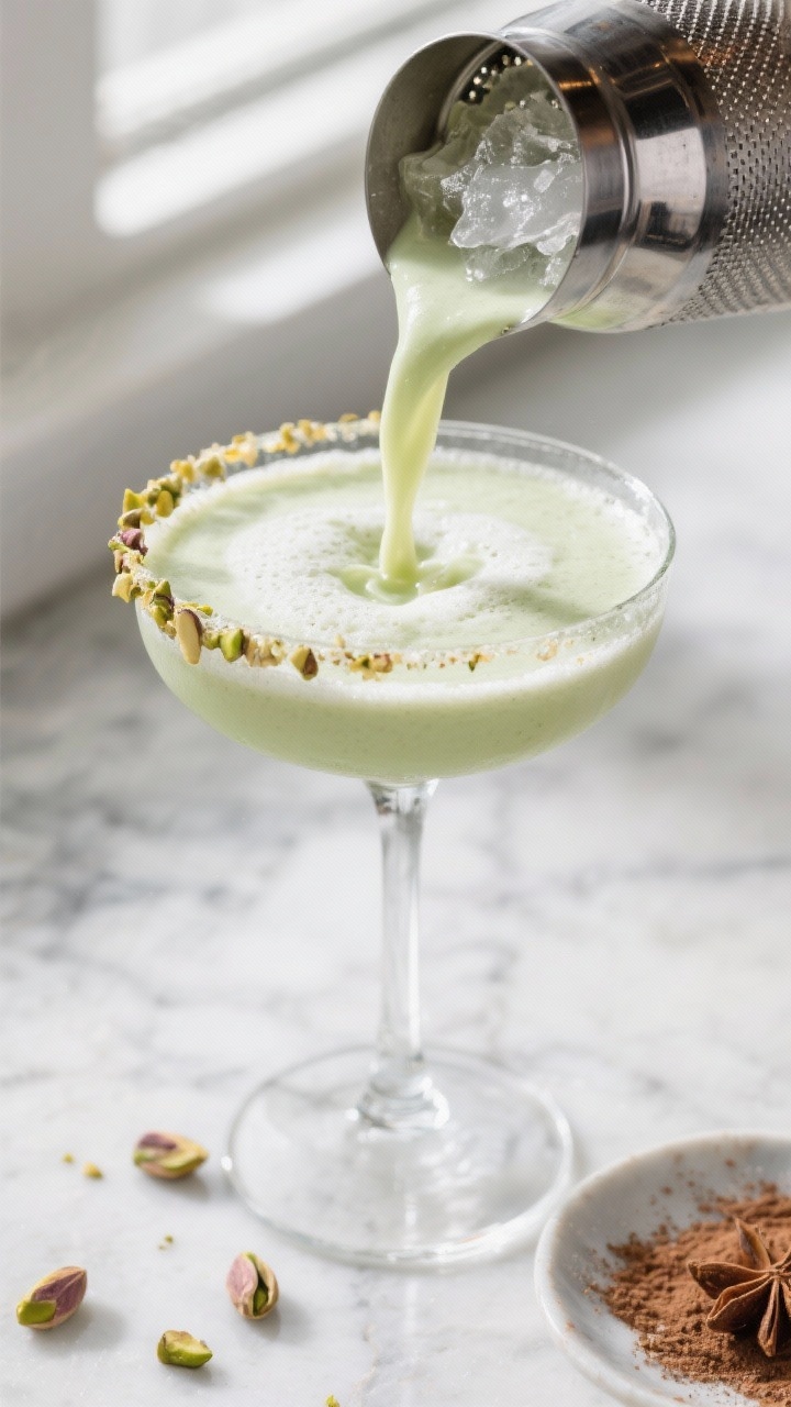 Overhead shot of a freshly shaken creamy pistachio martini being double-strained into a frosty coupe