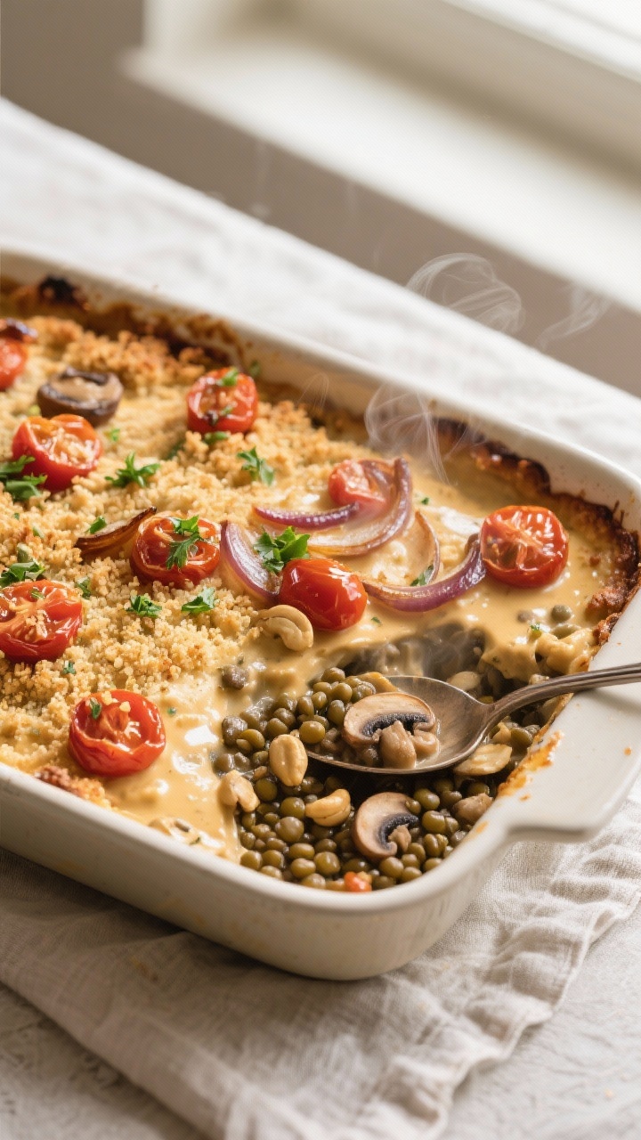 Overhead shot of a golden-baked vegan lentil and mushroom casserole just out of the oven, creamy cas
