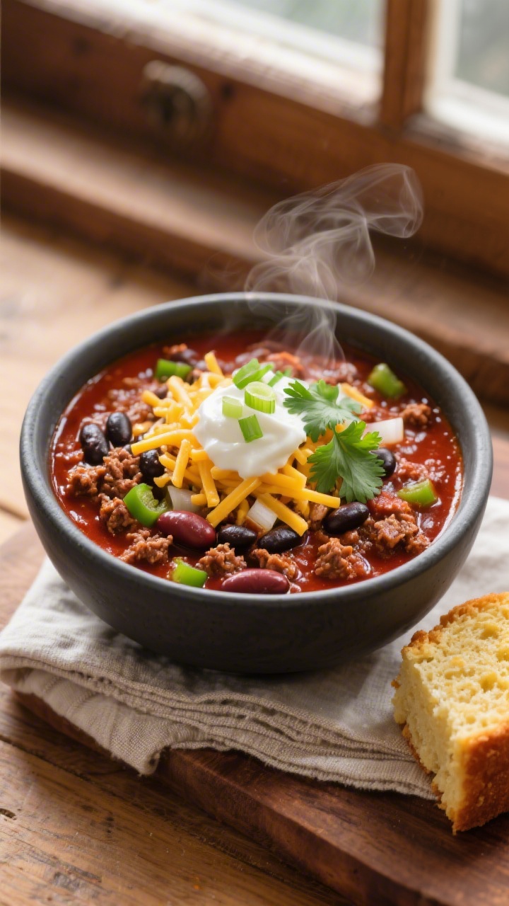 Overhead shot of a hearty bowl of classic beef-and-bean chili, thick and glossy from a long simmer, 