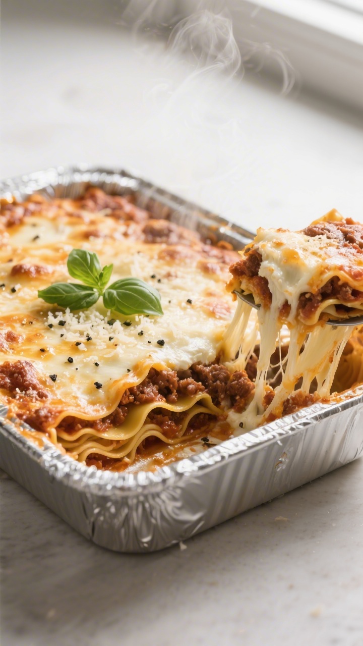 Overhead shot of a just-baked lasagna in a 9x13-inch dish, foil freshly removed, cheese melted and l