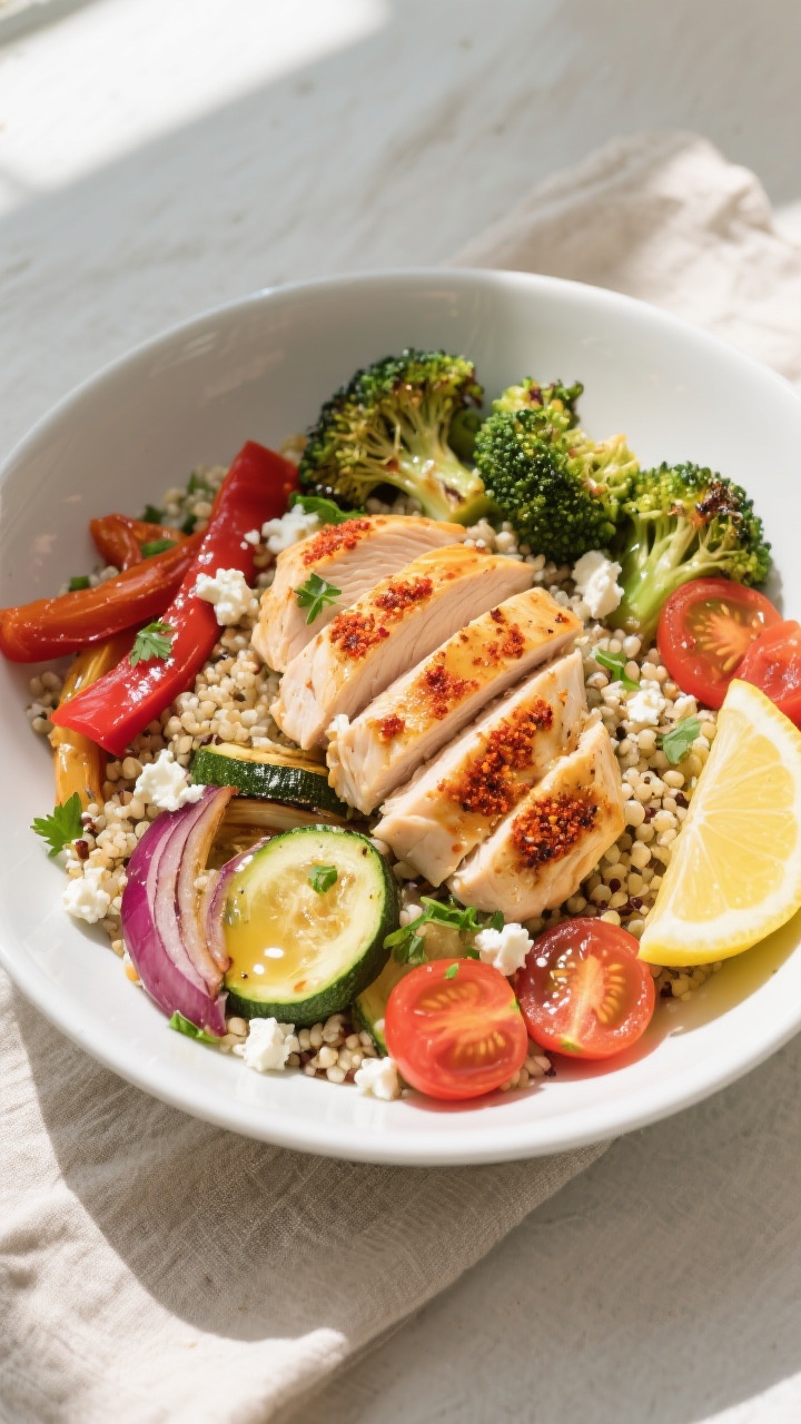 Overhead shot of a macro-friendly chicken, quinoa, and roasted veggie bowl, fully assembled and read