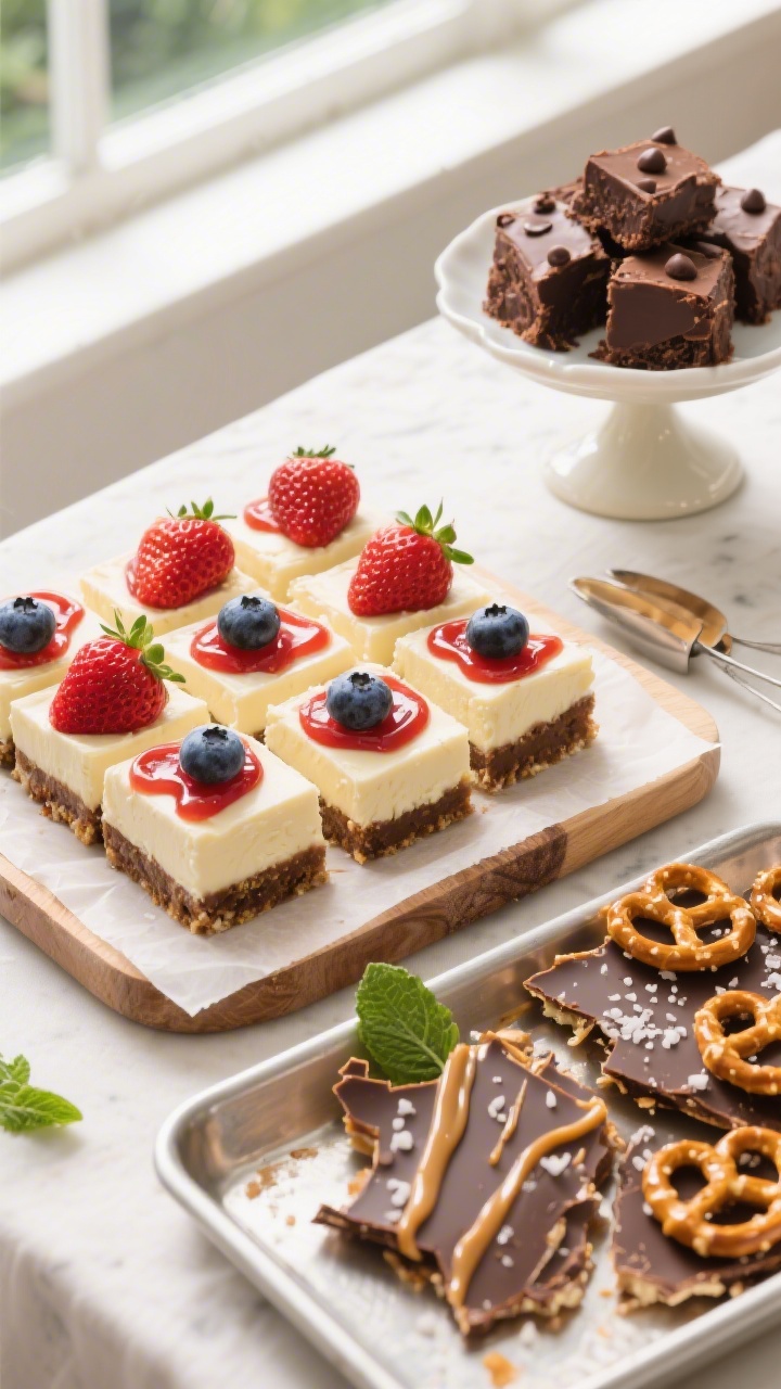 Overhead shot of a party dessert table vignette featuring final plated No-Bake Cheesecake Bars, neat