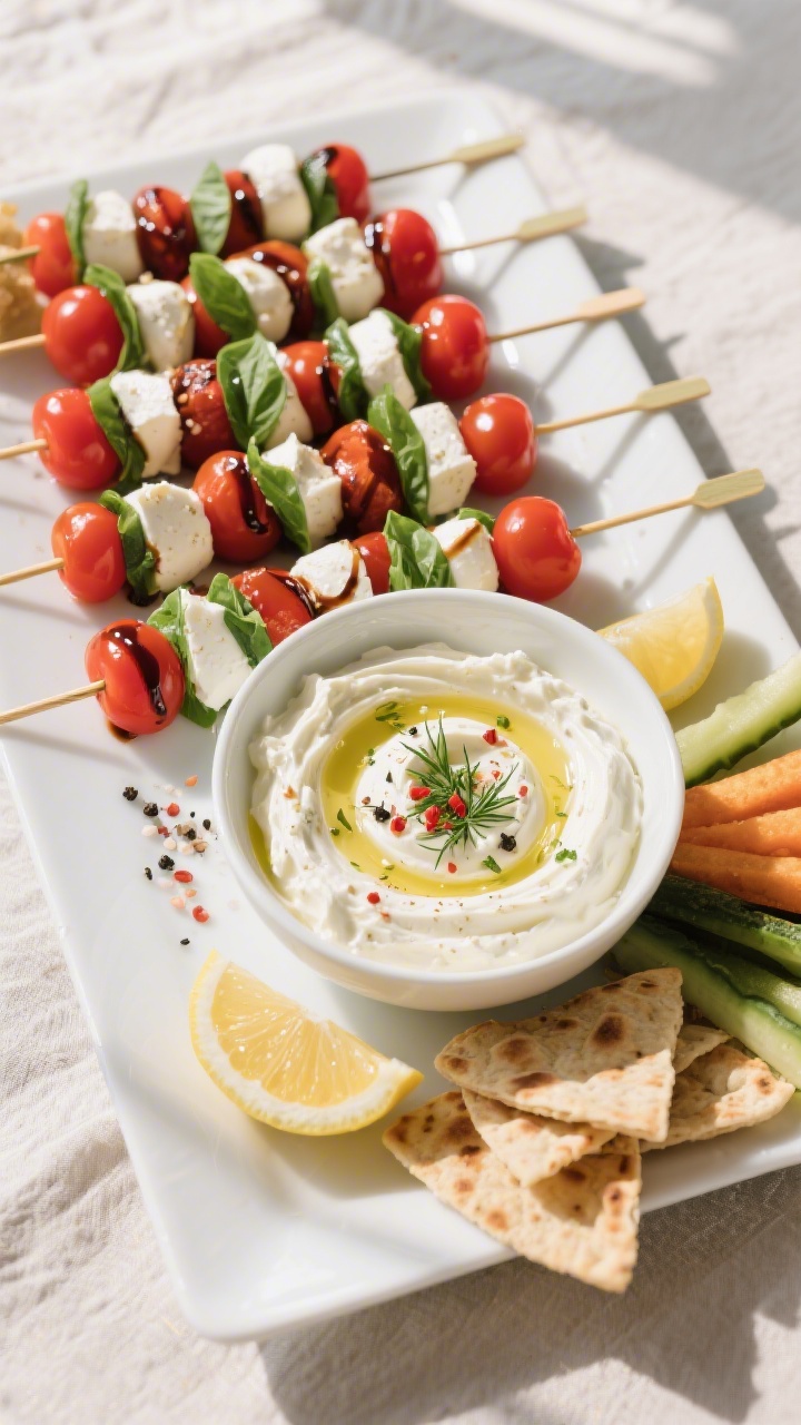 Overhead shot of a party-ready appetizer platter anchored by Caprese skewers and whipped feta dip: n