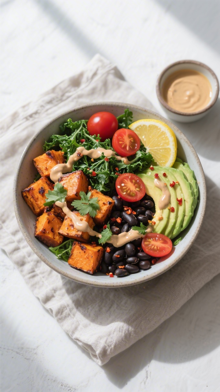 Overhead shot of a “Power Bowl” final dish: roasted sweet potato cubes with caramelized edges, b