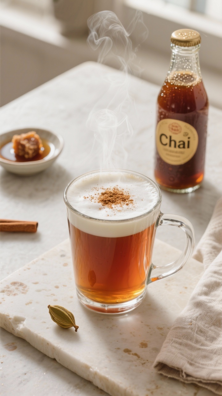 Overhead shot of a steaming chai latte made from homemade chai concentrate (1:1 with whole milk), in