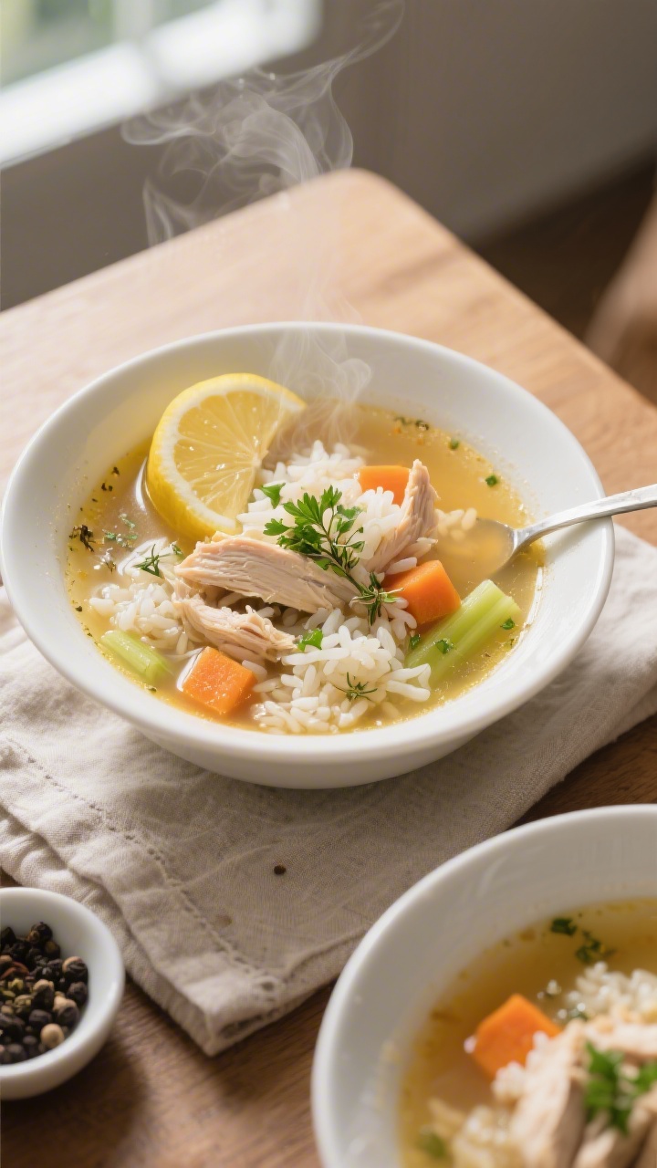 Overhead shot of a steaming Chicken & Rice Soup ladled into a wide white bowl: tender shredded chick