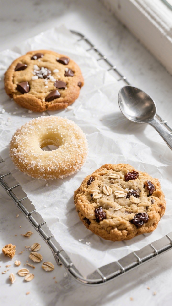 Overhead shot of a trio cookie sampler on a parchment-lined cooling rack: freshly baked classic choc