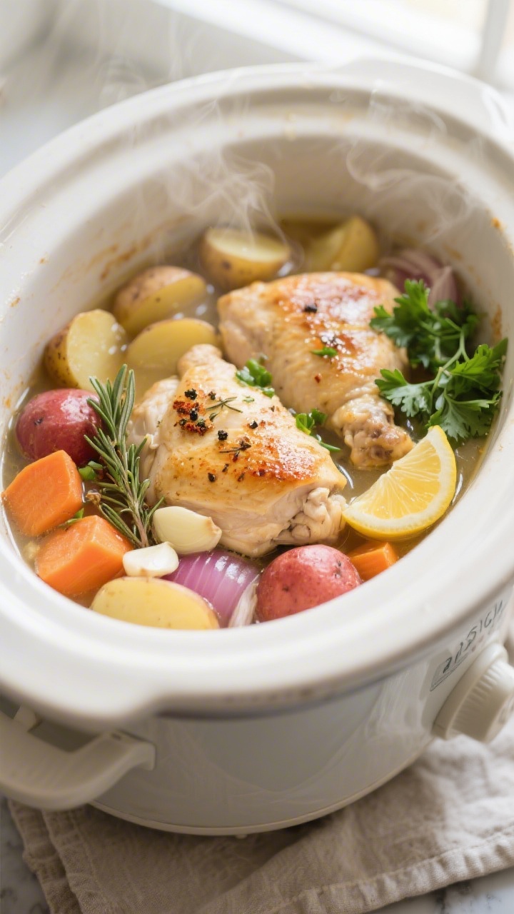 Overhead shot of Chicken and Potatoes Crock Pot in the slow cooker during the final 15 minutes: tend