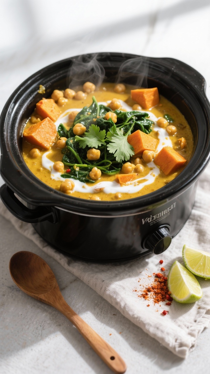Overhead shot of Chickpea Coconut Curry in a matte black cast-iron slow cooker, cooked chickpeas and