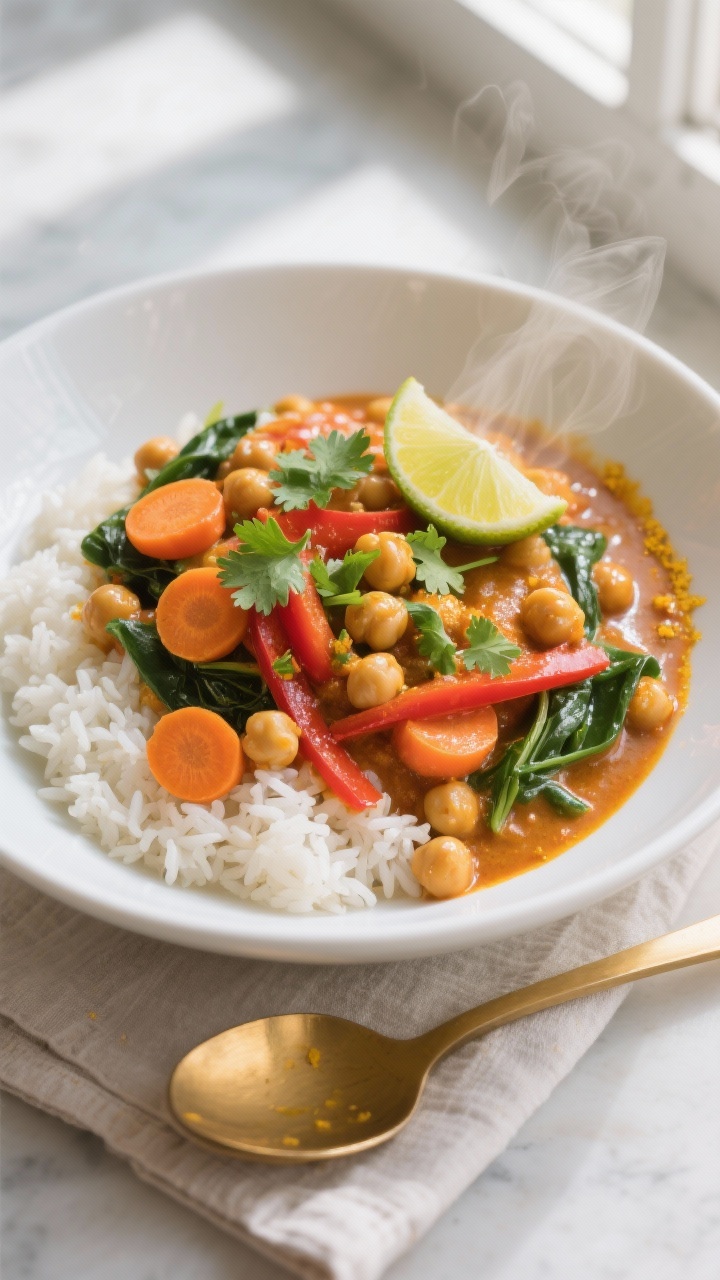 Overhead shot of Creamy Coconut Chickpea Curry ladled into a shallow white bowl over fluffy jasmine