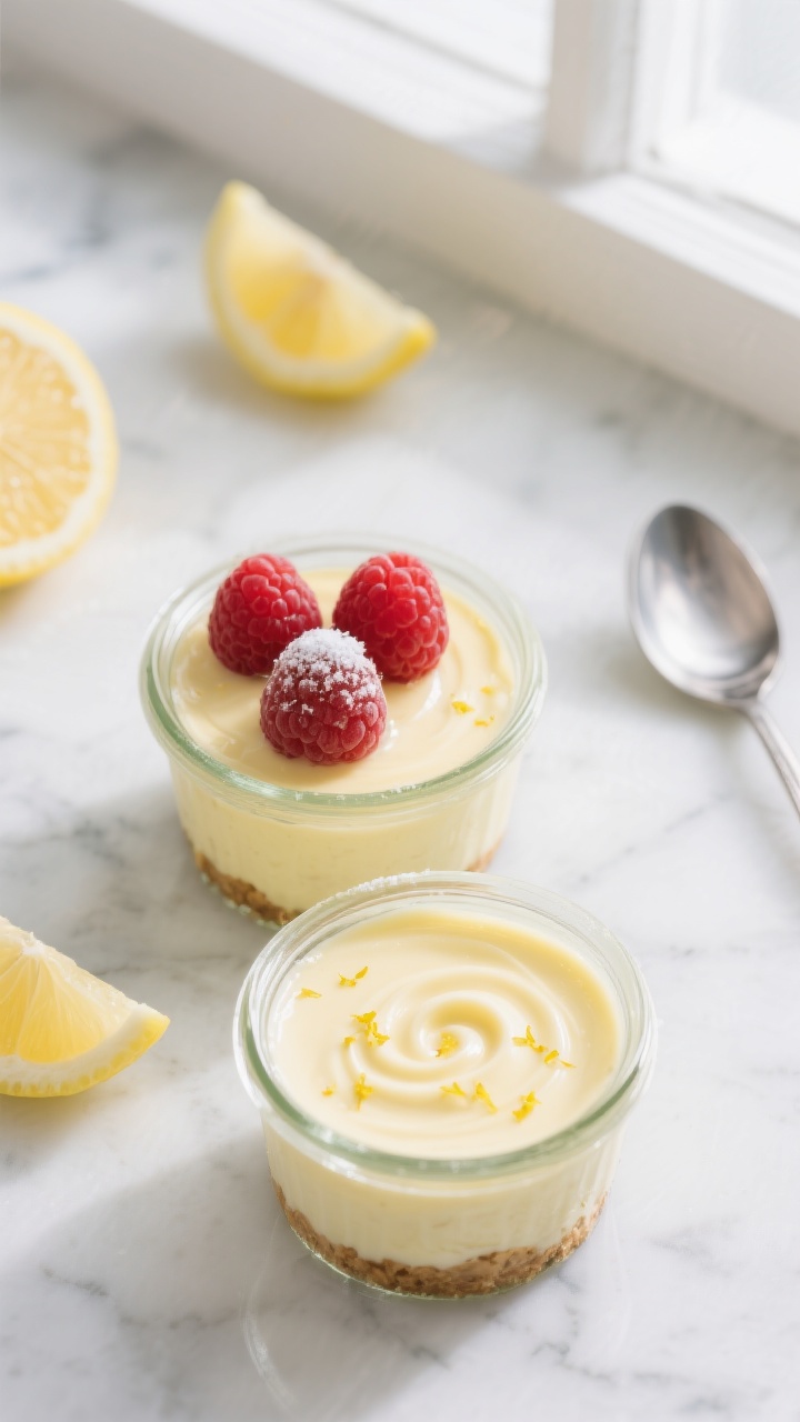 Overhead shot of creamy Lemon Cheesecake Cups after chilling, spooned into small glass jars, silky p