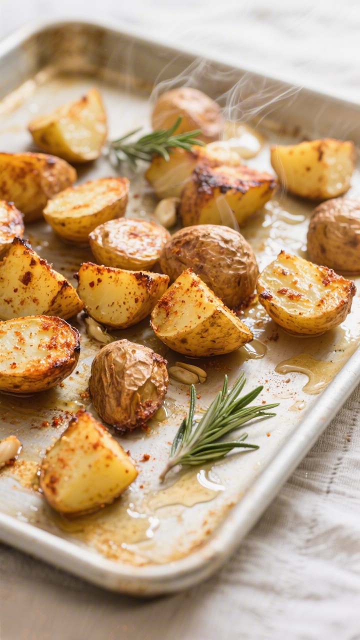 Overhead shot of crispy roasted Yukon Gold potato chunks on a preheated, lightly oiled sheet pan jus