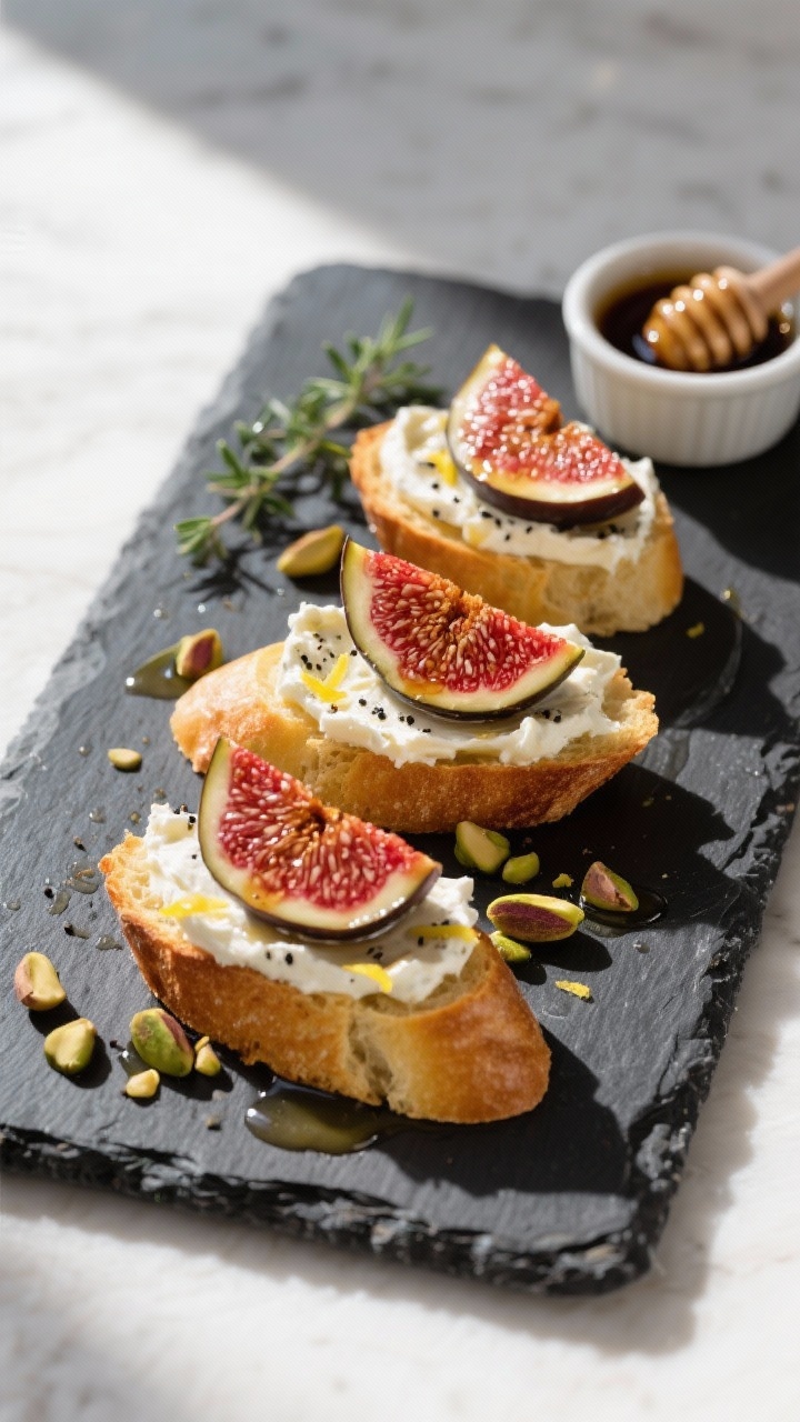 Overhead shot of Fig and Goat Cheese Crostini just assembled on a slate board: golden, olive-oil-bru