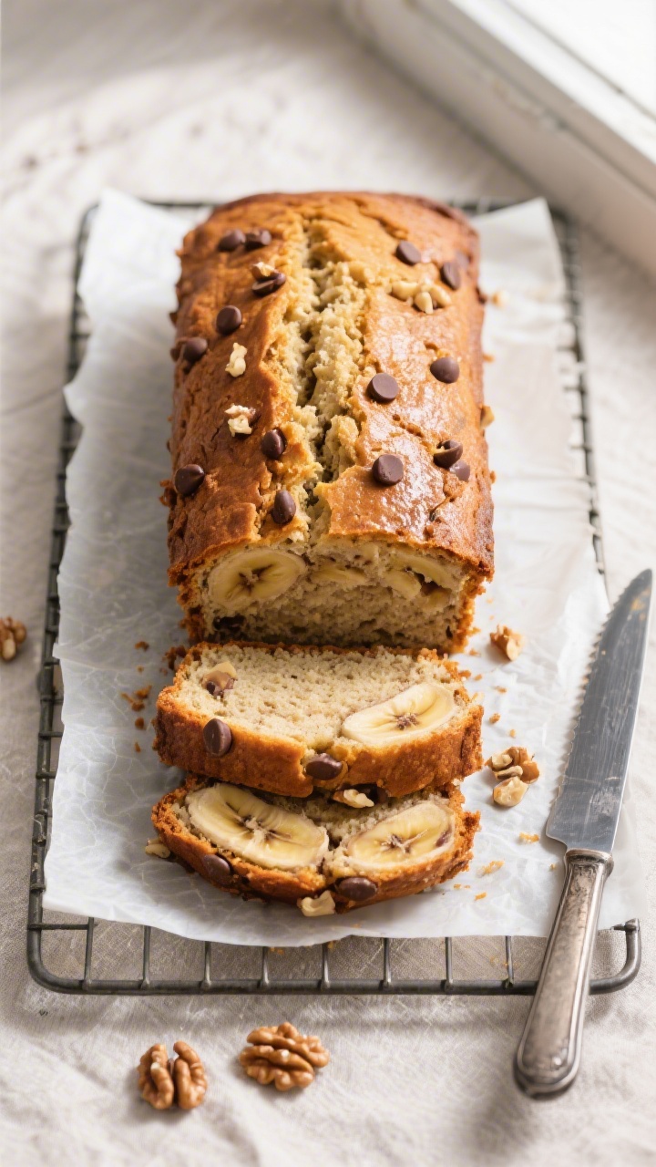 Overhead shot of freshly baked banana bread cooling on a wire rack, loaf removed cleanly via parchme
