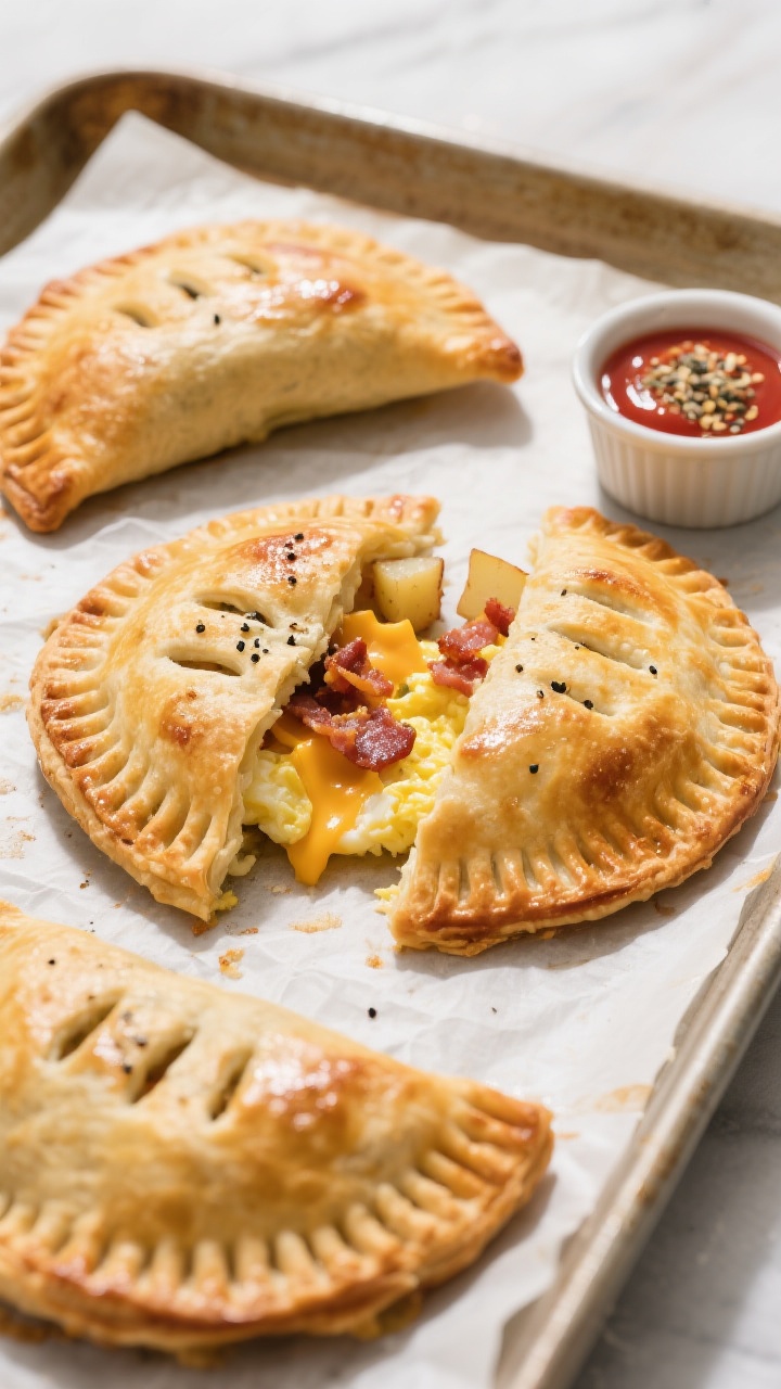 Overhead shot of freshly baked breakfast hand pies just out of the oven on a parchment-lined sheet p