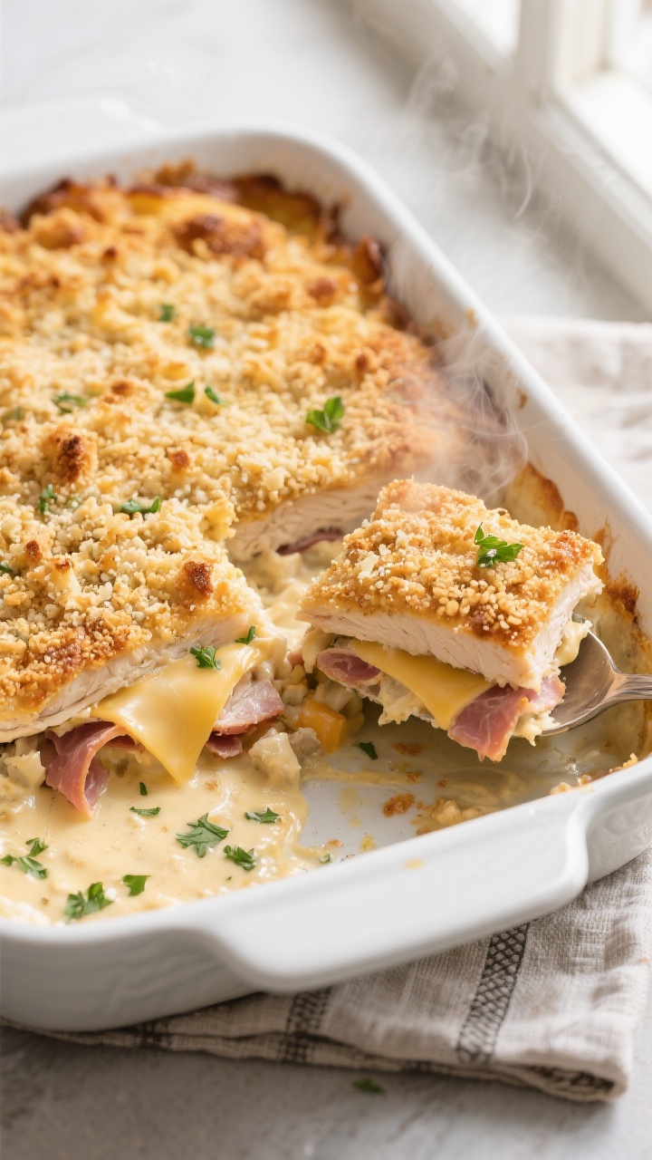 Overhead shot of freshly baked Chicken Cordon Bleu Casserole just out of the oven: bubbling creamy D