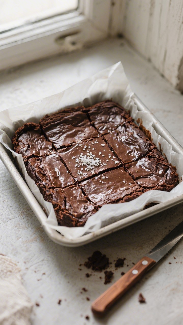 Overhead shot of freshly baked fudgy cocoa brownies in an 8-inch parchment-lined square pan just out