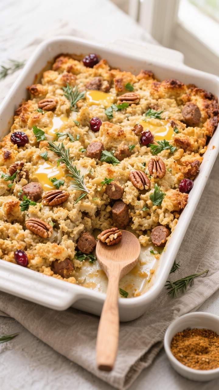 Overhead shot of freshly baked gluten-free stuffing in a 9x13 baking dish, top golden and craggy wit